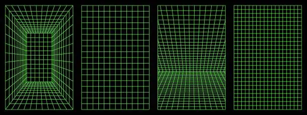 Vector illustration of Distorted vertical neon grid set. Retrowave, synthwave, rave, vaporwave. Green color neon. Trendy retro 1980s, 90s, 2000s style. Print, poster, banner.