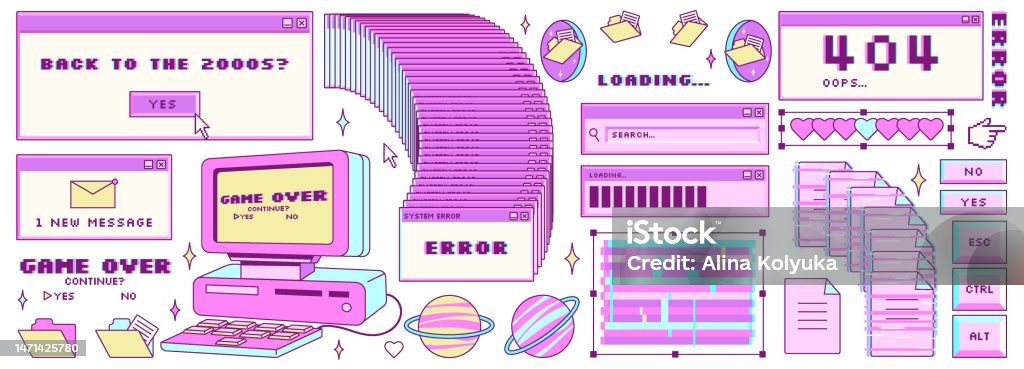 Big Sticker Set In Trendy Y2k Style Old Computer Aestethic Retro Pc ...