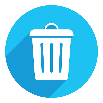 Trash can flat icon. long shadow design. blue background.