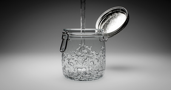 Digitally generated close-up shot of a water jet pouring water into a small glass jar, isolated on gray background.\n\nThe scene was created in Autodesk® 3ds Max 2023 with V-Ray 6 and rendered with photorealistic shaders and lighting in Chaos® Vantage with some post-production added.