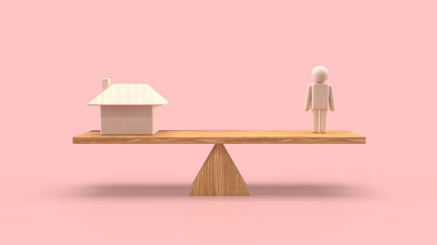 3d illustration of seesaw balance between houses and people - business balance human representation three dimensional shape imagens e fotografias de stock