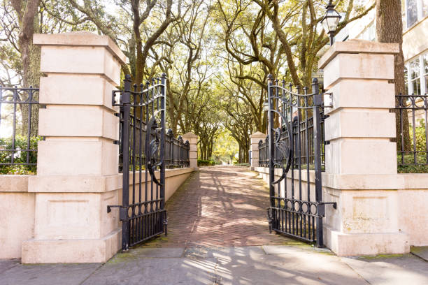 Gated entrance to Charleston Waterfront Park, Charleston, South Carolina. stock photo
