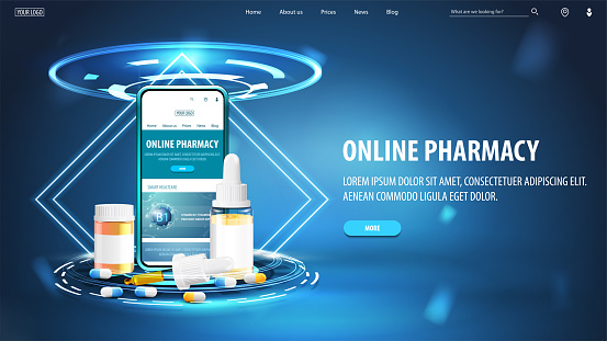 Online pharmacy, banner with hologram of podium with smartphone and medications in blue scene with neon rhombus frames and hologram of digital rings