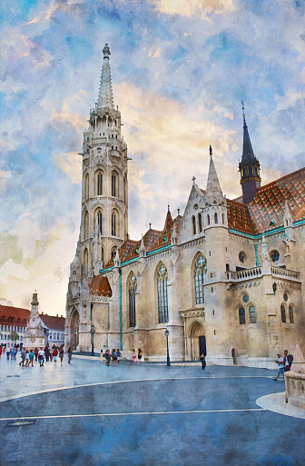 Matthias Church (aka The Church of the Assumption of the Buda Castle) in Budapest, Hungary. Watercolor painting imitation, architectural sketch.