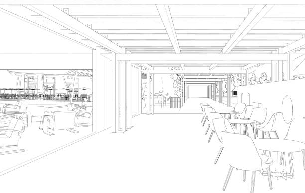 ilustración 3d de cafetería - built structure coffee blueprint engineering fotografías e imágenes de stock