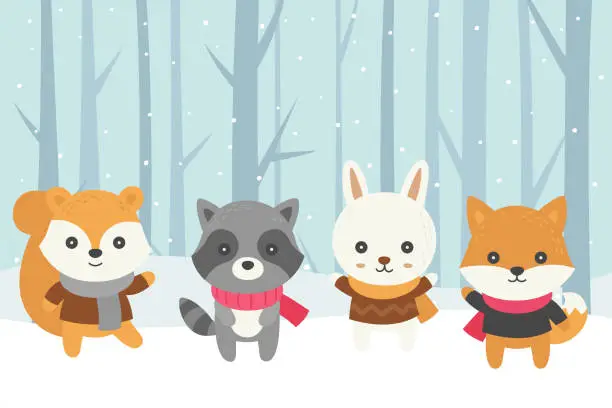 Vector illustration of Winter animals doodle in snow forest vector
