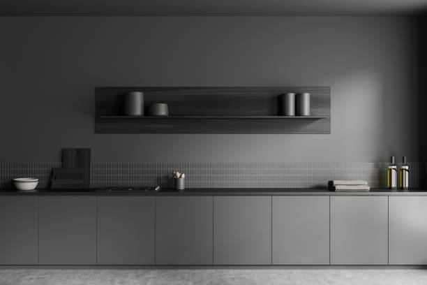 istock Grey kitchen interior with shelves, stove and minimalist kitchenware 1471431548
