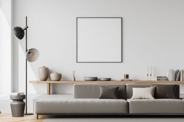 istock Bright living room interior with empty white poster, sofa 1471432536