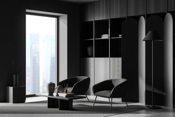 istock Corner view on dark living room interior with armchairs 1471434964
