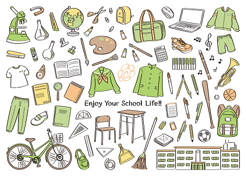 Illustration set of stationery and tools for school life such as junior high school and high school / vector illustration