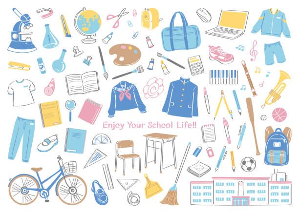 ilustraciones, imágenes clip art, dibujos animados e iconos de stock de conjunto de ilustración de papelería y herramientas para la vida escolar, como la escuela secundaria y la escuela secundaria - writing equipment