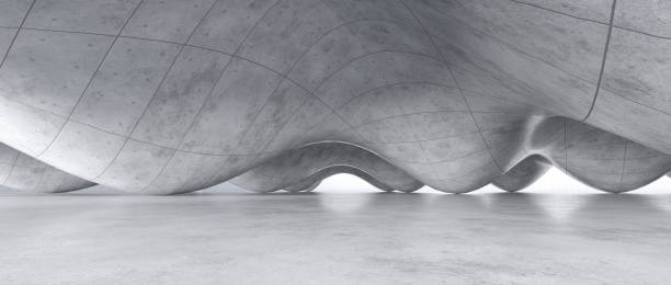 istock Empty interior floor hall, concrete surface structure Geometric shapes, curves, free form. 3D rendering, 3D illustration. 1471436047