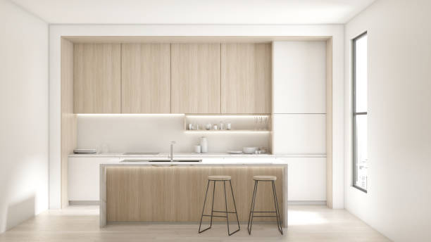 istock interior modern style kitchen decoration White marble countertop arranged with plates, bowl, ceramic, clear glass, candlestick, and built-in wooden cabinet furniture. 3D rendering, 3D illustration. 1471436056