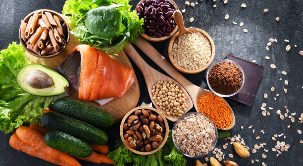 Foods recommended for stabilizing insulin and blood sugar levels Food products recommended for stabilizing insulin and blood sugar levels. Diabetes diet food staple stock pictures, royalty-free photos & images
