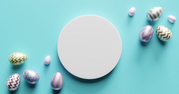 Easter eggs, empty white circle composition in the center of the blue background.