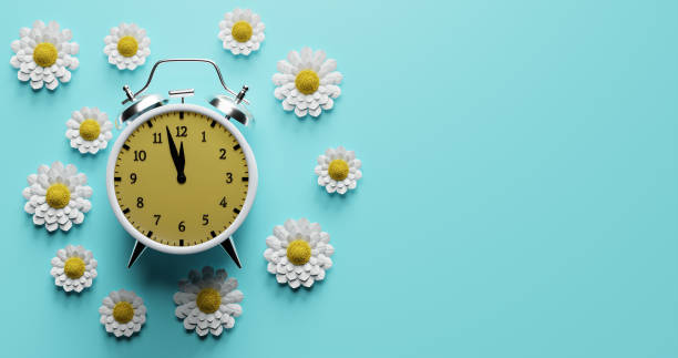 istock Alarm clock surrounded by flowers. Transitional change of summer time, daylight saving. 1471436712