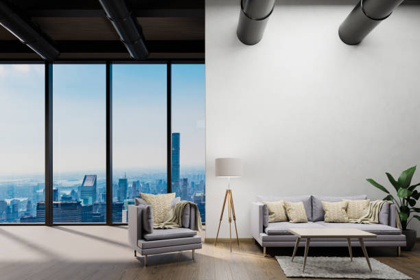istock large urban skyline loft office with white wall and cozy vintage couch; copy spacepanoramic window skyline view, 3D Illustration 1471437385