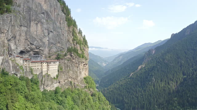 Sumela Monastery near Trabzon city at Black sea coast in Turkey. Mountain landscape with orthodox church at cliff