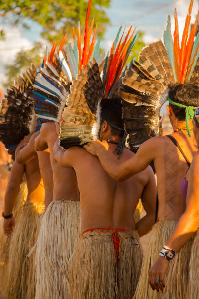 Cuiabá, MT, Brazil - November, 13, 2013 - group of indigenous men dancing at the XII games of indigenous peoples Cuiabá, MT, Brazil - November, 13, 2013 - group of indigenous men dancing at the XII games of indigenous peoples 2013 stock pictures, royalty-free photos & images