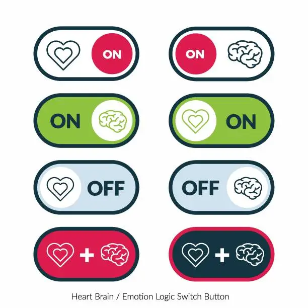 Vector illustration of Compilation set of Brain and Heart Switch button. Isolated Vector Illustration.
