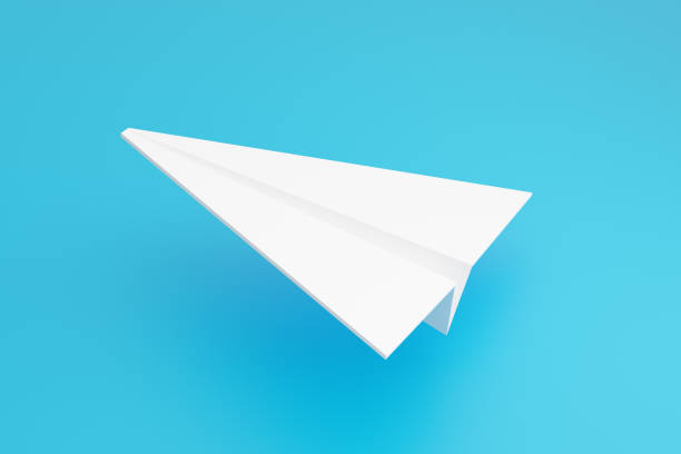 istock Paper plane 3d render illustration. White paper airplane on light blue backdrop. 1471440645