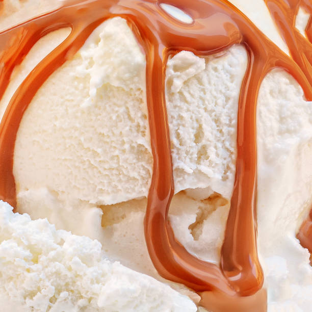 istock Vanilla ice cream balls with caramel toffee sauce as a textured  background. Pattern 1471441367