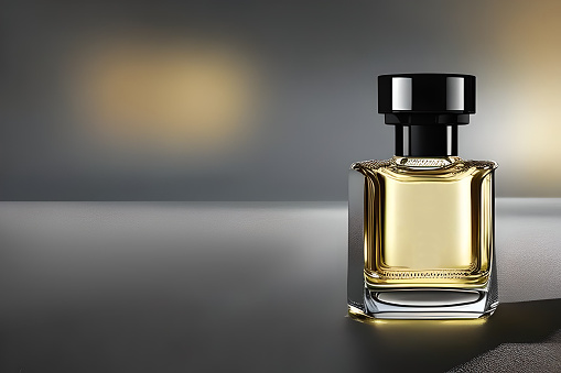 Yellow transparent bottle perfume mockup product studio shot isolated.