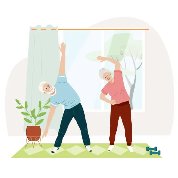 Vector illustration of Elderly couple do gymnastics exercises at home Active mature man and woman enjoy sport and healthy lifestyle together. Active retirement. Vector flat illustration.