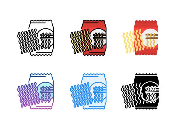 Vector illustration of Instant noodles icon. 6 Different style icons. Editable stroke.