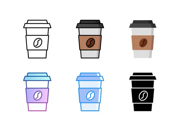 Vector illustration of Coffee icon. 6 Different styles. Editable stroke.