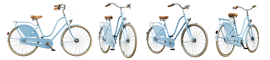 Dutch blue bicycle from different views, isolated on white background. 3D render. 3D illustration.