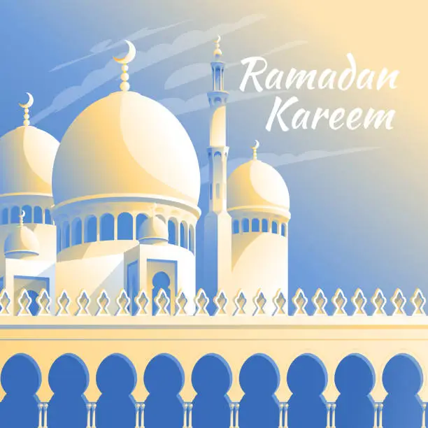 Vector illustration of Ramadan card design. Bright sunny day. Islamic faith magical mosque with minarets. Vector illustration.