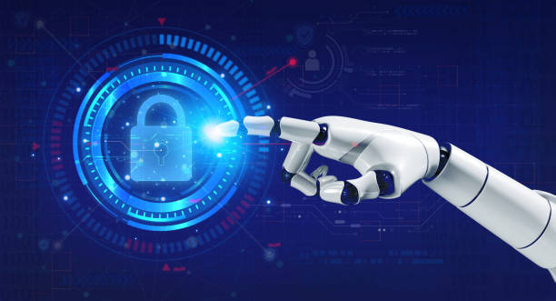 istock 3d rendering robot's hand pointing on virtual reality hologram of protection digital padlock for data network and information security on blue. Ai robotic, artificial intelligence technology concept. 1471445549