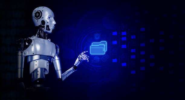 3d rendering robot pointing hand on virtual hologram of digital folder storages and many files for data information online searching on blue background. Ai robotic, artificial intelligence automation. robot de renderizado 3d apuntando con la mano sobre hologramas virtuales de almacenamientos de carpetas digitales y muchos archivos para obtener información de datos en línea buscando sobre fondo azul. automatización robótica e inteligencia artificial