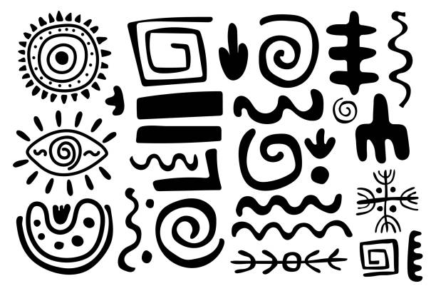 zestaw prymitywnych ozdób etnicznych, petroglifów - tribal art stock illustrations