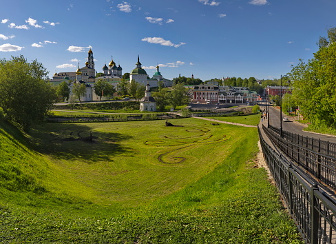 Sergiev Posad. Russia. June 07, 2022. View of the gilded domes of the Orthodox churches of the Trinity-Sergius Lavra. The famous monastery was founded in 1337.