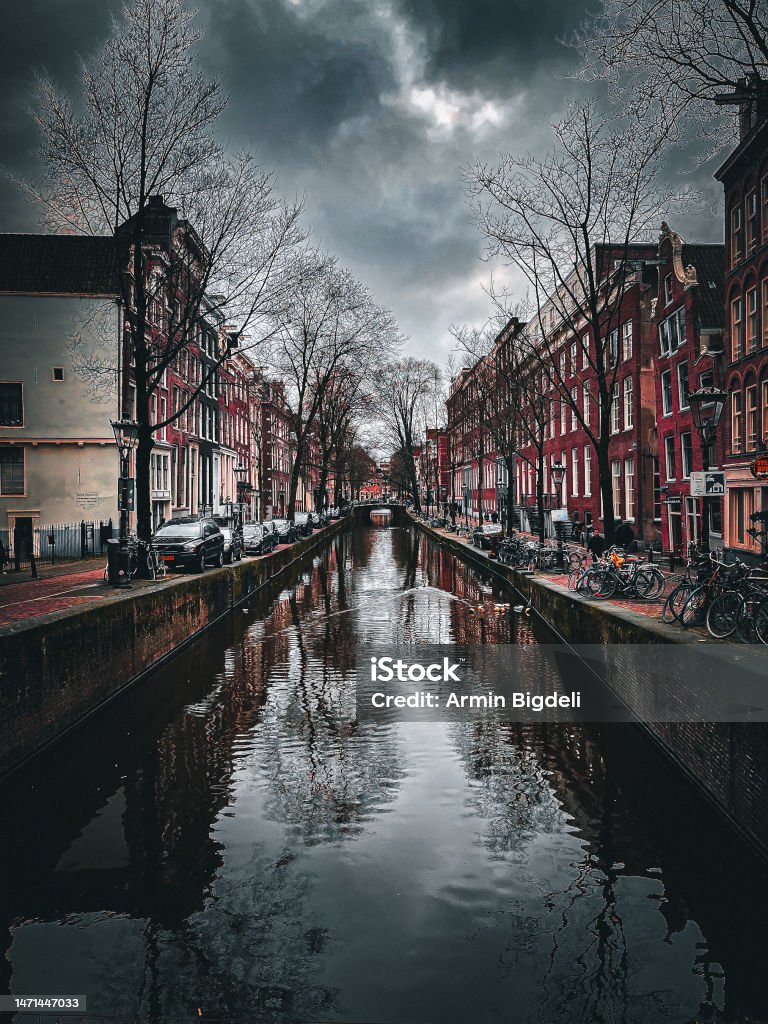 Amsterdam Gloomy evening in Amsterdam Amstel River Stock Photo
