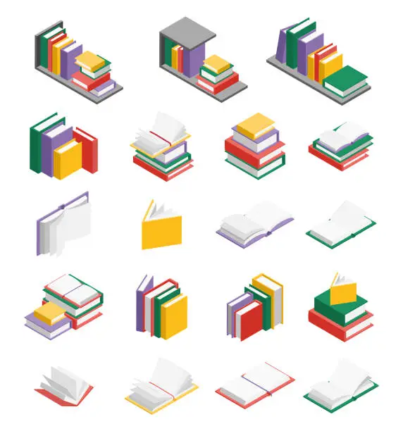 Vector illustration of Books with Bookmarks and Books on Shelves, Stacks of Books