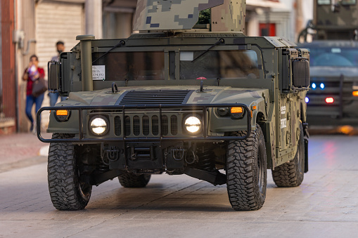 Matamoros, Tamaulipas, Mexico - September 16, 2022: Desfile 16 de Septiembre, a Humvee in Mexican Army Service