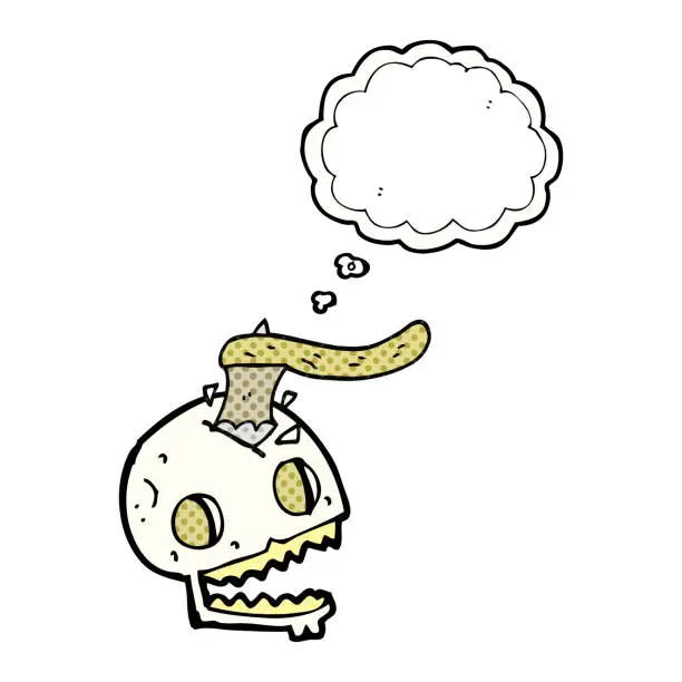 Vector illustration of freehand drawn thought bubble cartoon axe in skull