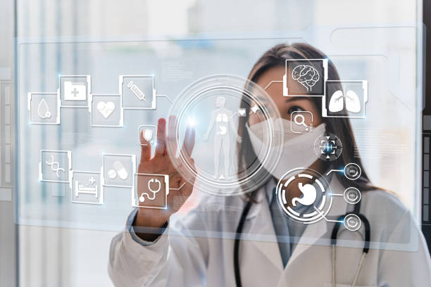istock Medicine doctor working and touching on hologram modern virtual screen interface, Healthcare and futuristic technology concept 1471448512