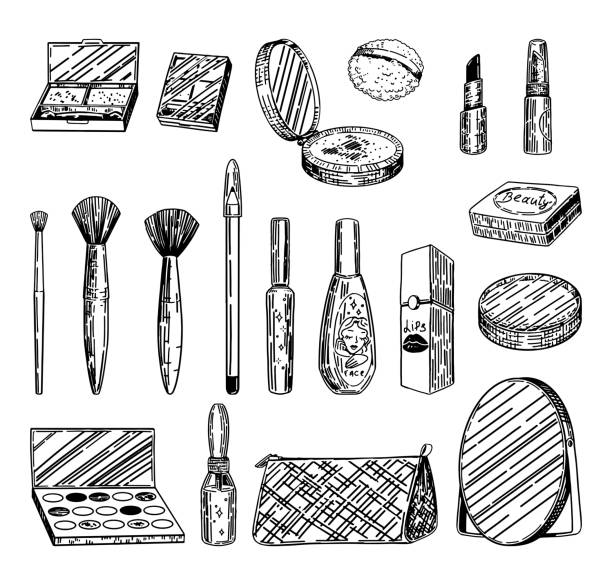 Make-up kit outline clipart. Cosmetic sketches collection. Hand drawn vector illustrations set isolated on white. Make-up kit outline clipart. Cosmetic sketches collection. Hand drawn vector illustrations set isolated on white.. cosmetic bag clip art stock illustrations