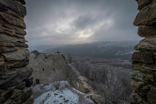 Winter frosty blue morning on ruins of Andelska Hora near spa town Karlovy Vary