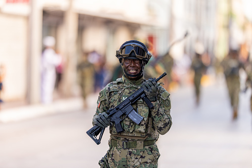 Matamoros, Tamaulipas, Mexico - September 16, 2022: Desfile 16 de Septiembre, Member of the Mexican Navy marching with their rifle