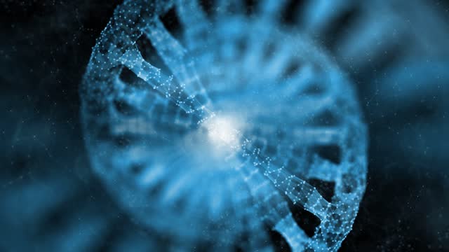 Blue blurred artistic dna chain structure rotation animation background.