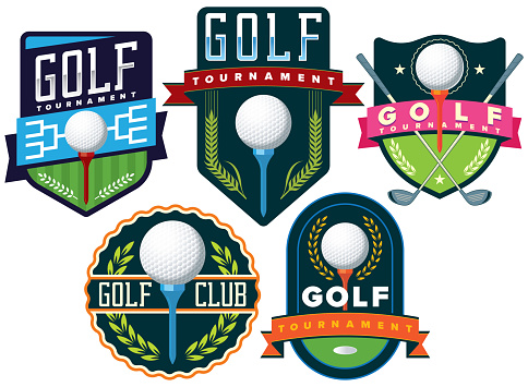 Vector illustrations of various golf club tournament and championship badges.