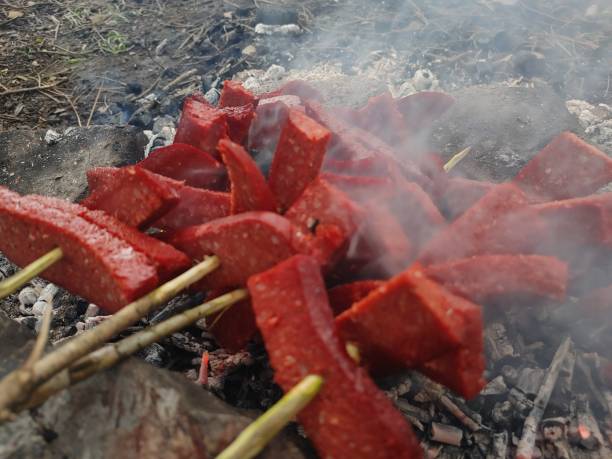 pan con chorizo al fuego de leña en entorno natural - salt sausage fire flame fotografías e imágenes de stock