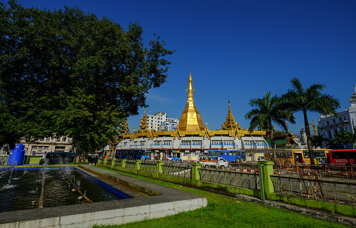 Yangon, Myanmar - Oct 16, 2015. View of Sule Pagoda in Yangon, Myanmar. The Sule Pagoda is a Burmese stupa located in the heart of downtown Yangon.