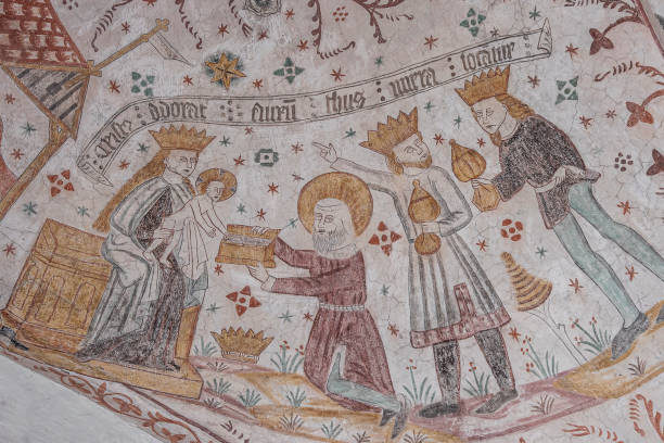 three weise men with gifts to the christ-child three weise men with gifts to the christ-child, ancient wall-painting in Keldby church, Denmark, October 10, 2022 medieval fresco stock pictures, royalty-free photos & images