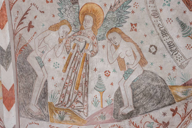 an angel gives tools to adam and eve, an ancient fresco - denmark indoors church angel imagens e fotografias de stock